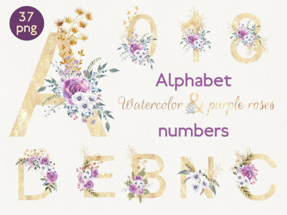 Alphabet and Numbers Watercolor Flowers Illustrations for Real Crafting