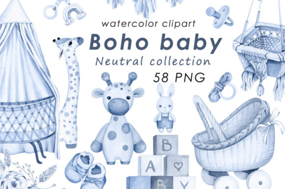 Baby Boy Boho Blue Watercolor Clipart for Etsy & Print-on-Demand Sellers