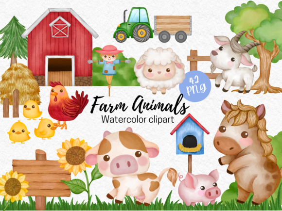 Farm Animals Watercolor Illustrations for Digital Sellers
