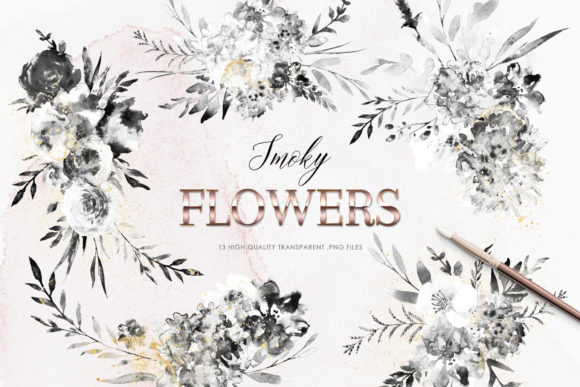 Smoky Flowers Clipart, Black Watercolor Illustrations for Real Crafting