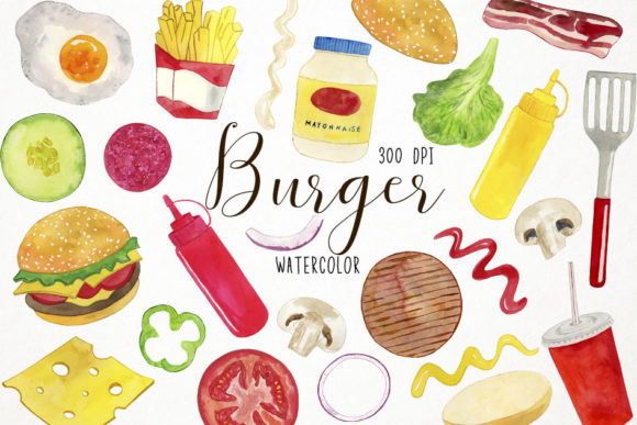 Watercolor Burger Ingredients Clipart: A Fresh Illustration for Casual Branding