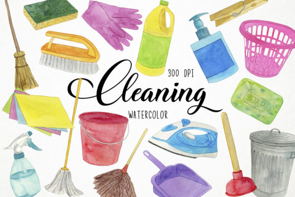 Watercolor Cleaning Clipart for House Chore Illustrations