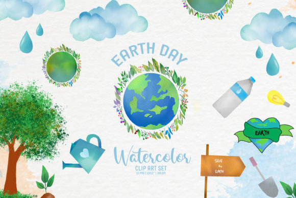 Watercolor Earth Day Eco Clipart Set for Handmade Crafters & Etsy Sellers