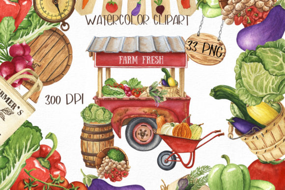 Watercolor Farmers Market Clipart for Lifestyle & Editorial Design Projects